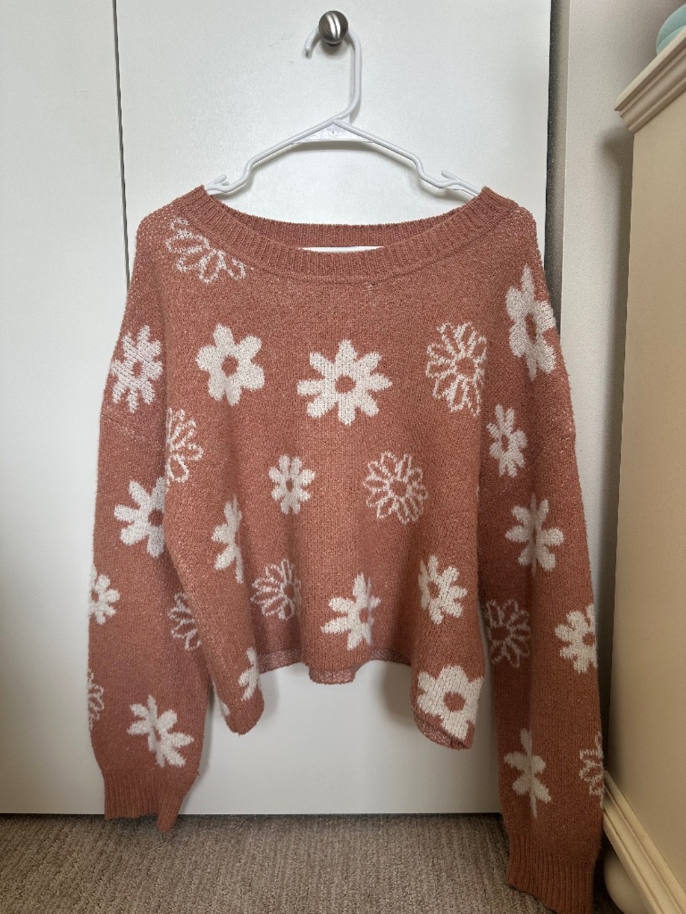 Pink Rose | Ballet Pink Cropped Flower Sweater - Large